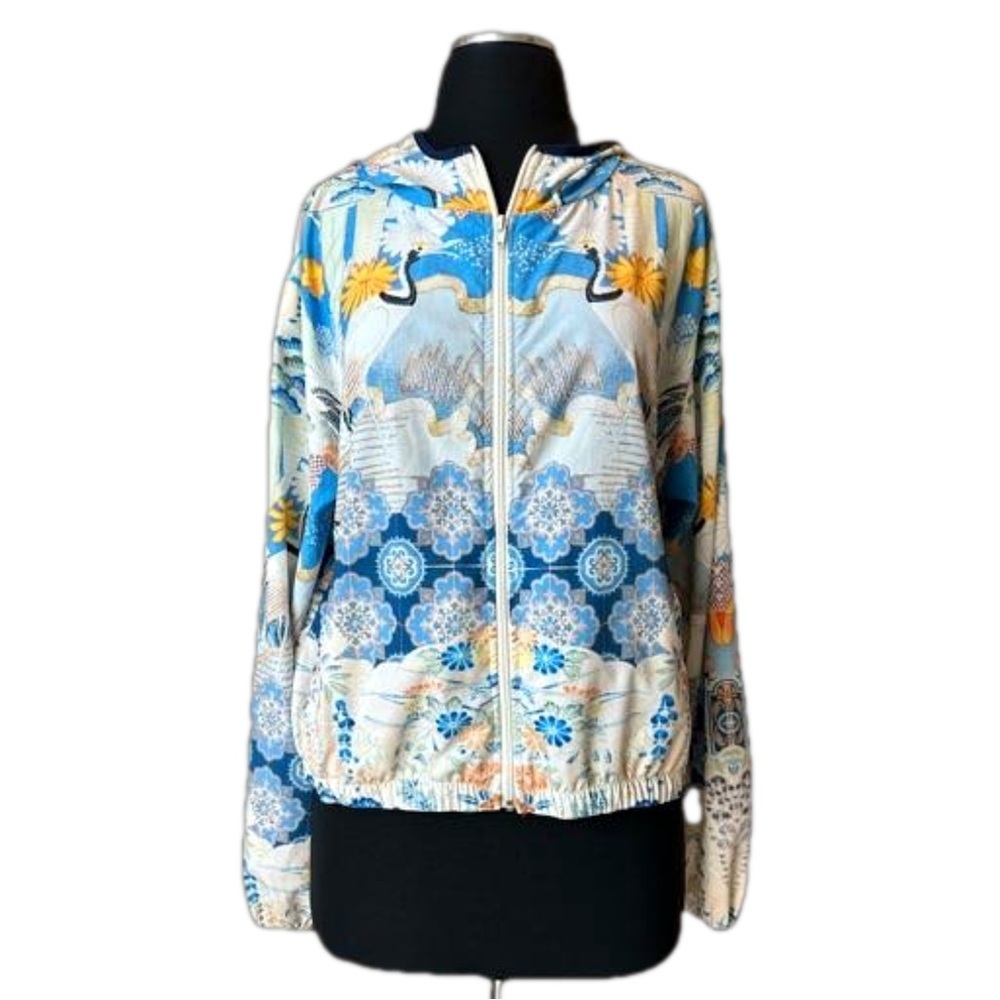 Daily Practice by Anthropologie Postcard Hooded Bomber Jacket Crane Print Sz L